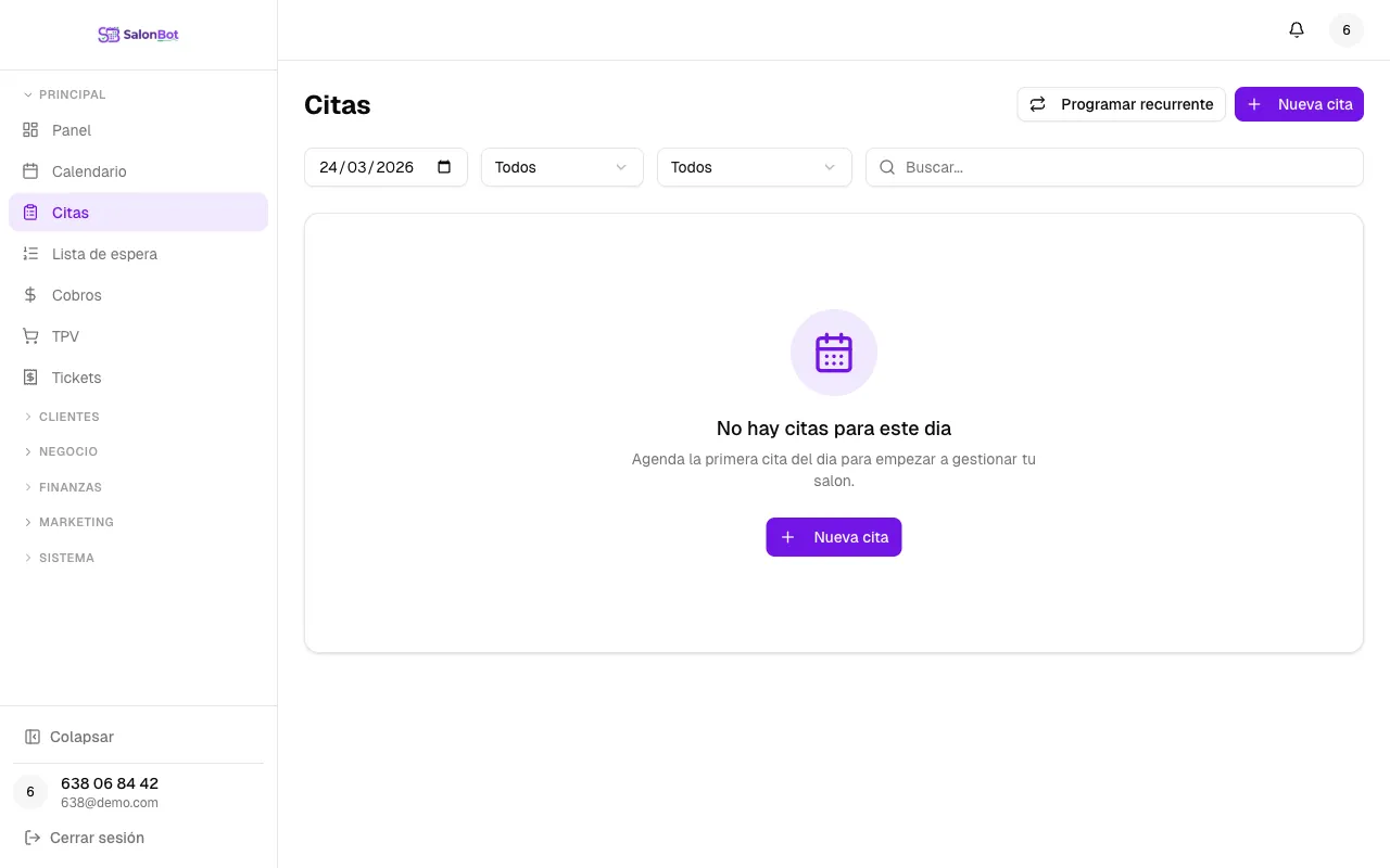 Panel de gestión de citas
