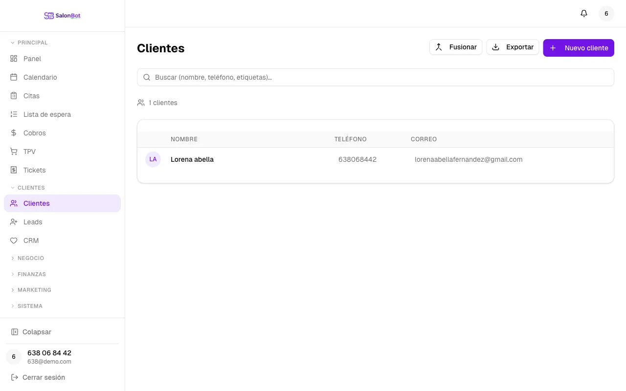 Ficha de cliente en SalonBot