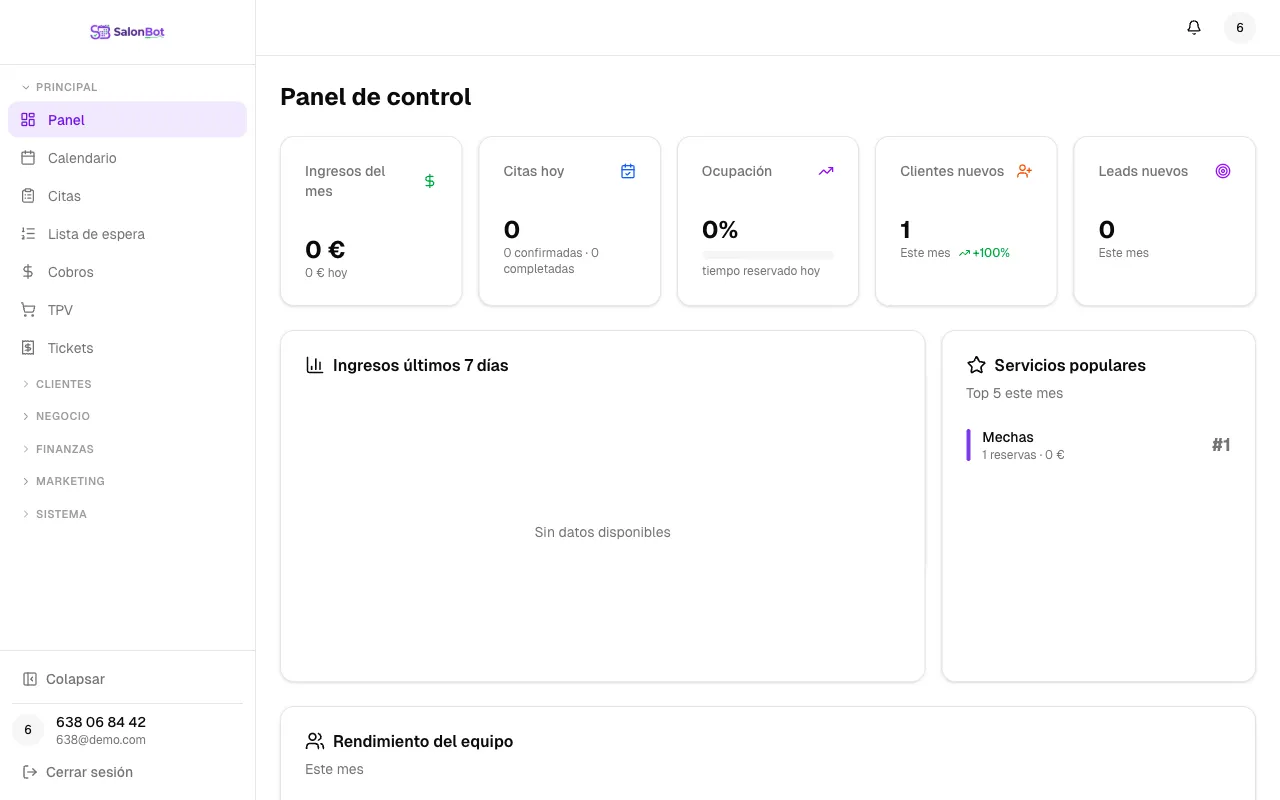 Panel de control de SalonBot — software de gestión para peluquerías